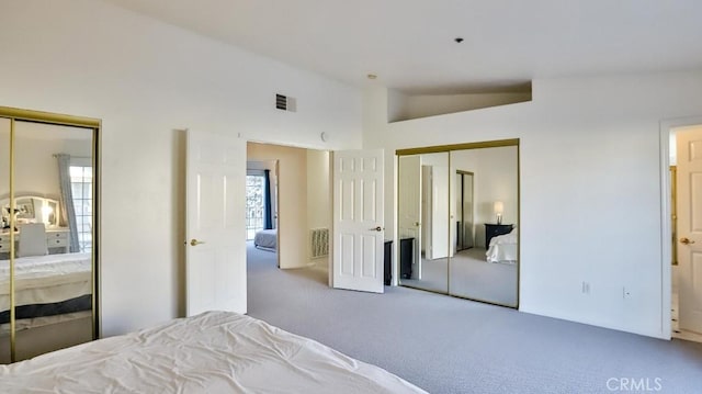 carpeted bedroom featuring multiple windows, lofted ceiling, and multiple closets