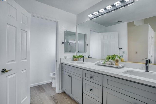 bathroom featuring hardwood / wood-style flooring, toilet, and vanity