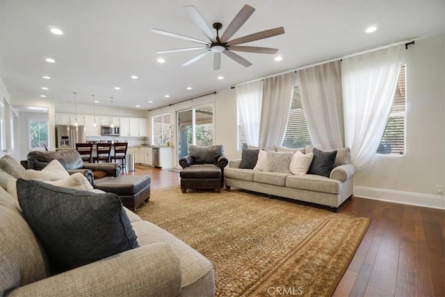 living room featuring ceiling fan and wood-type flooring