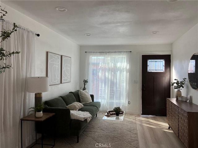 living room with plenty of natural light and hardwood / wood-style floors