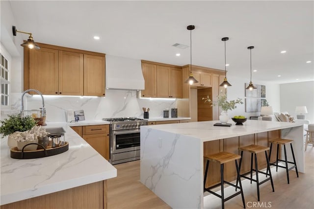 kitchen featuring a kitchen island, sink, light hardwood / wood-style flooring, custom range hood, and high end stainless steel range