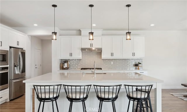 kitchen featuring hardwood / wood-style floors, an island with sink, stainless steel appliances, decorative light fixtures, and white cabinets