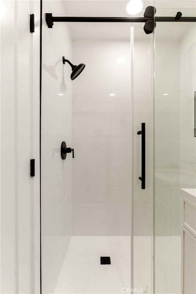 bathroom with vanity and walk in shower