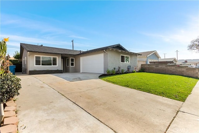 single story home featuring a front yard and a garage