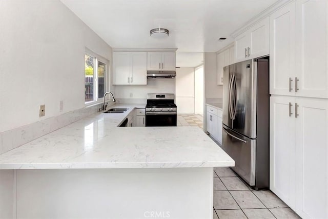 kitchen featuring white cabinets, kitchen peninsula, appliances with stainless steel finishes, and sink