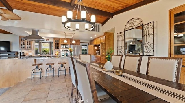 dining space with beam ceiling, wood ceiling, and a chandelier