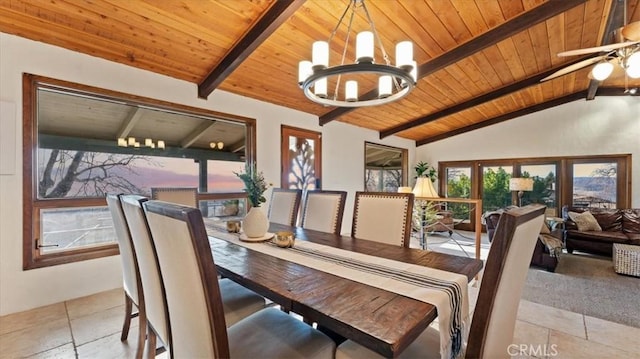 dining room featuring light tile patterned floors, wood ceiling, ceiling fan with notable chandelier, and vaulted ceiling with beams