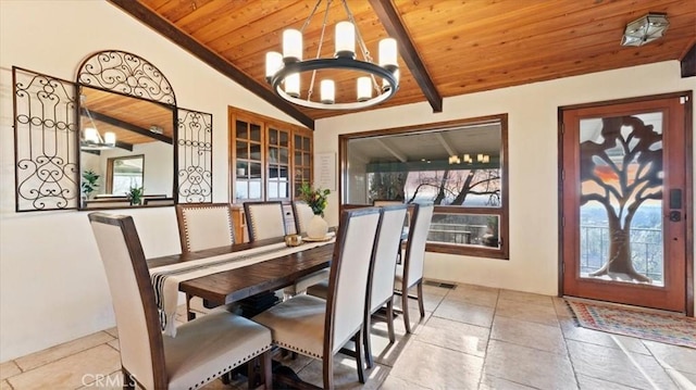 dining area with wooden ceiling, vaulted ceiling with beams, and an inviting chandelier