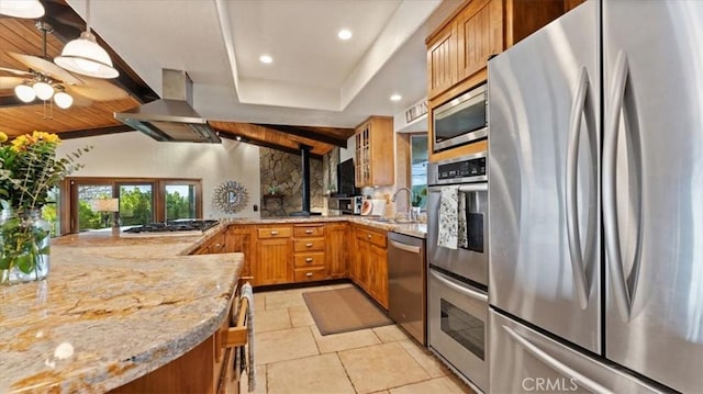 kitchen featuring stainless steel appliances, sink, hanging light fixtures, island range hood, and wooden ceiling