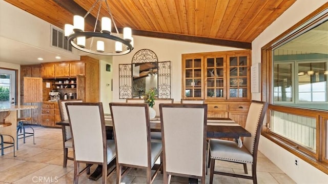 dining area with lofted ceiling, wood ceiling, and an inviting chandelier