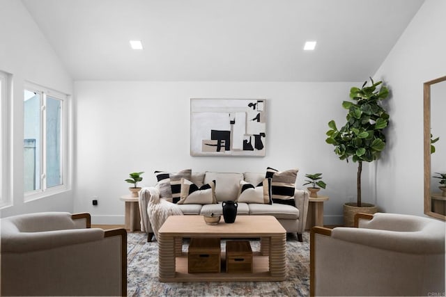 living room featuring vaulted ceiling and hardwood / wood-style flooring