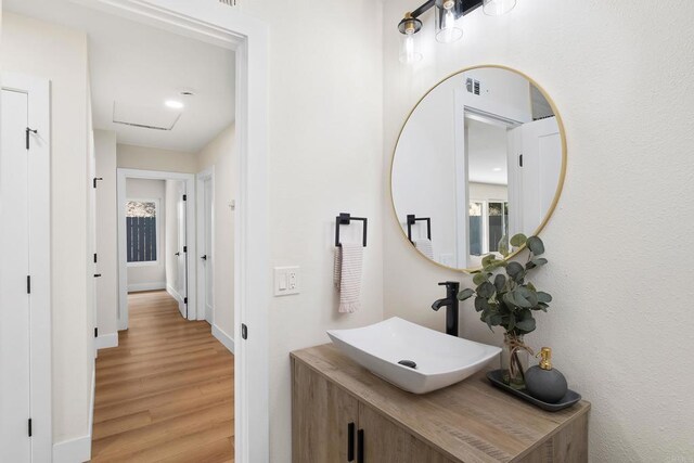 bathroom featuring vanity and wood-type flooring