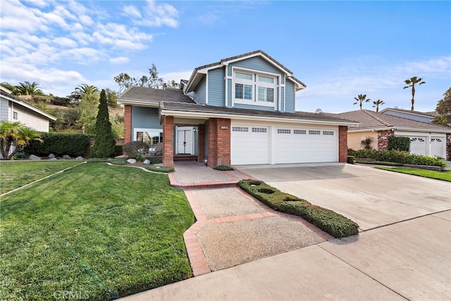 front facade featuring a front yard and a garage