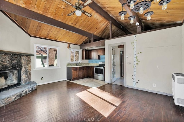 kitchen featuring hardwood / wood-style floors, stainless steel electric stove, decorative backsplash, dark brown cabinets, and wood ceiling