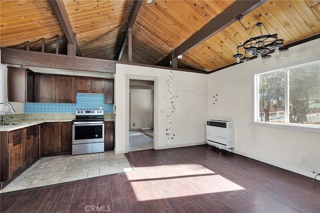 kitchen with sink, beamed ceiling, backsplash, heating unit, and stainless steel range with electric stovetop