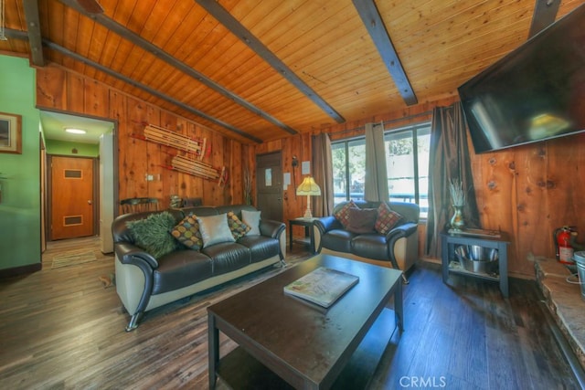 living room with lofted ceiling with beams, dark wood-type flooring, wooden walls, and wooden ceiling