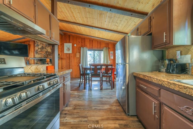 kitchen featuring wooden ceiling, dark hardwood / wood-style flooring, stainless steel appliances, and lofted ceiling with beams