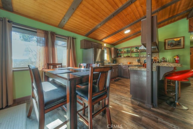 dining room with a wealth of natural light, wood ceiling, and vaulted ceiling with beams