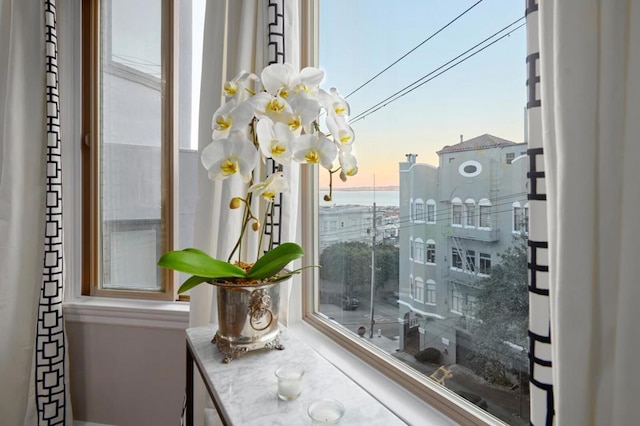 view of balcony at dusk