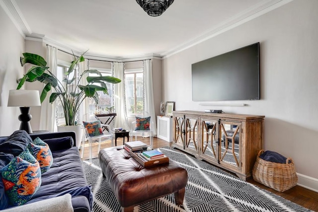 living room featuring wood-type flooring and ornamental molding