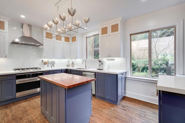 kitchen with white cabinetry, wall chimney range hood, a center island, and appliances with stainless steel finishes