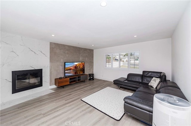 living room featuring a fireplace and light hardwood / wood-style flooring