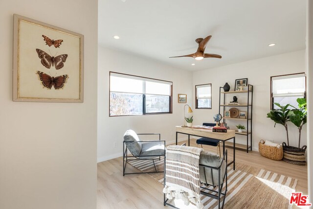 office area featuring light hardwood / wood-style flooring and ceiling fan