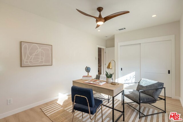 office area featuring ceiling fan and light hardwood / wood-style flooring