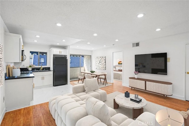 living room featuring sink, a textured ceiling, and light hardwood / wood-style floors