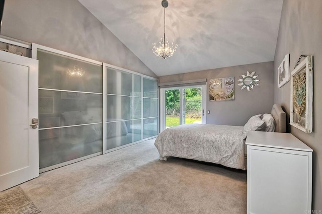 bedroom with light colored carpet, access to exterior, lofted ceiling, and a chandelier