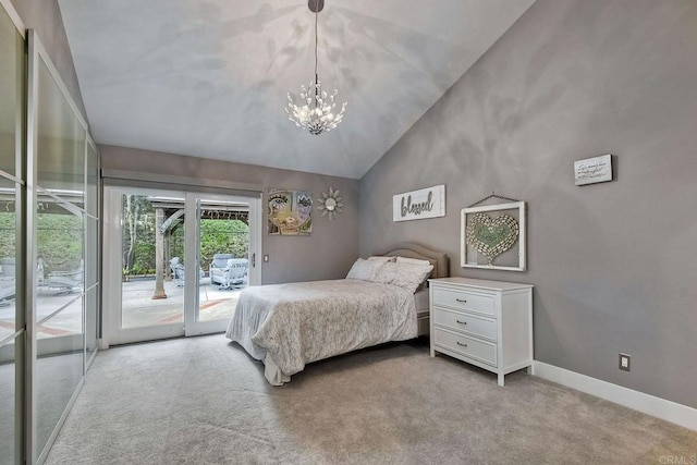 bedroom featuring light colored carpet, access to exterior, a notable chandelier, and vaulted ceiling