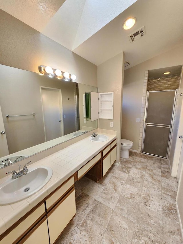 bathroom featuring vaulted ceiling, toilet, a shower with door, and vanity