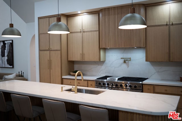 kitchen with tasteful backsplash, high end range, sink, a kitchen breakfast bar, and light stone counters