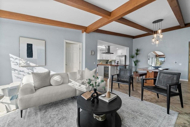 living room with wine cooler and beamed ceiling