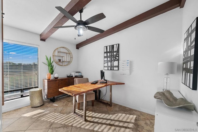 tiled office space with ceiling fan and beamed ceiling