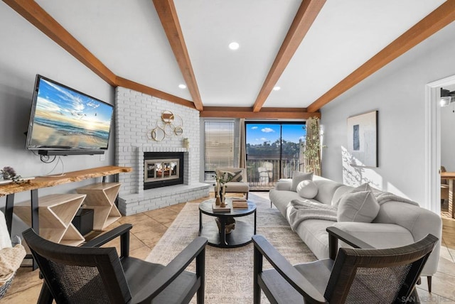 living room with a fireplace and beam ceiling