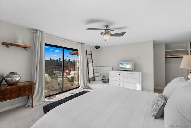 bedroom with light carpet, access to outside, and ceiling fan