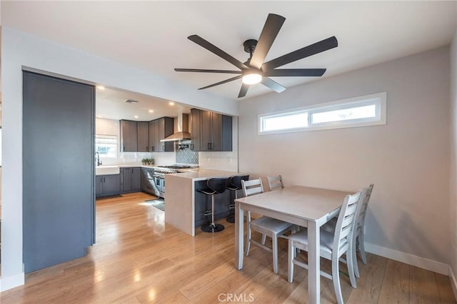 dining room featuring light wood-type flooring, ceiling fan, and sink