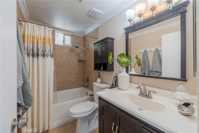 full bathroom with toilet, vanity, tile patterned floors, shower / bathtub combination with curtain, and crown molding