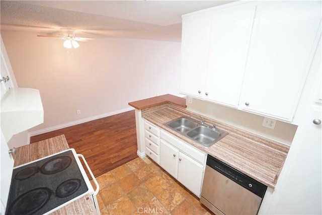 kitchen featuring white cabinets, white electric range, dishwasher, and sink