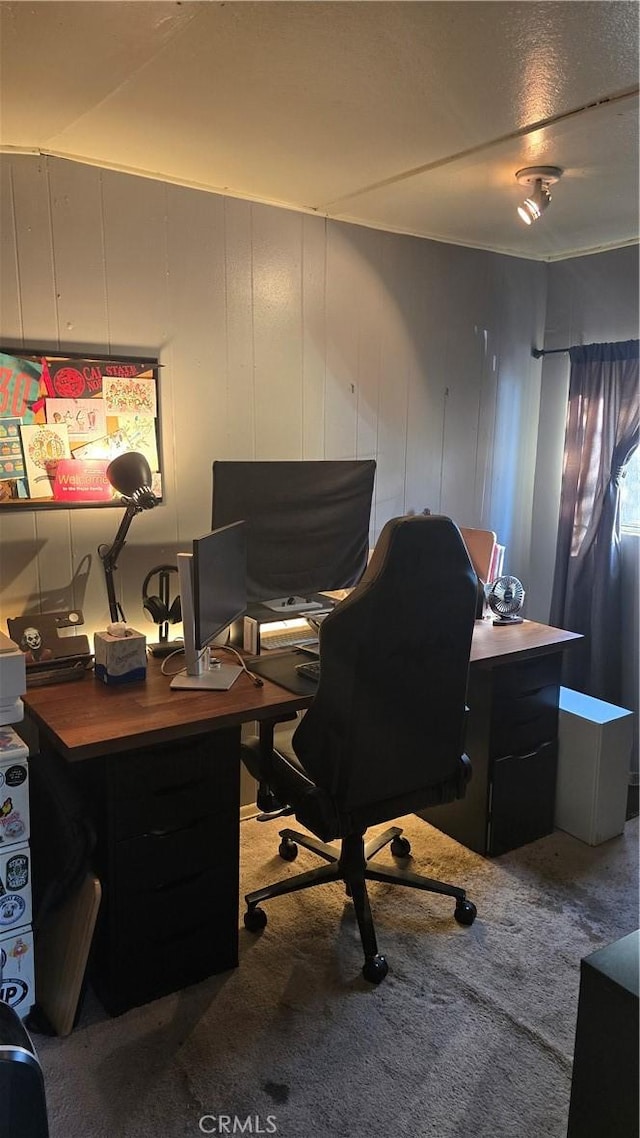 carpeted office space with wooden walls