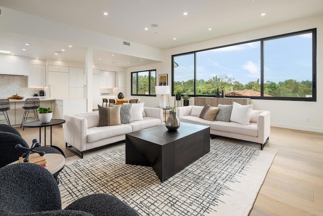 living room featuring a healthy amount of sunlight and light hardwood / wood-style flooring