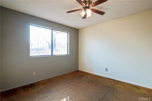 unfurnished room with carpet floors, a textured ceiling, and ceiling fan