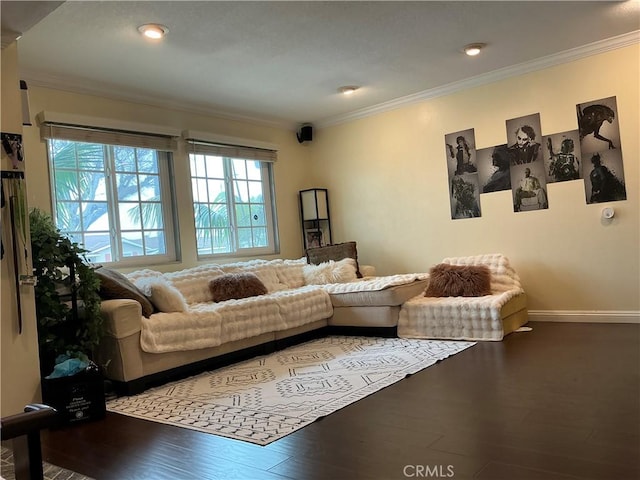 living room with ornamental molding and wood-type flooring