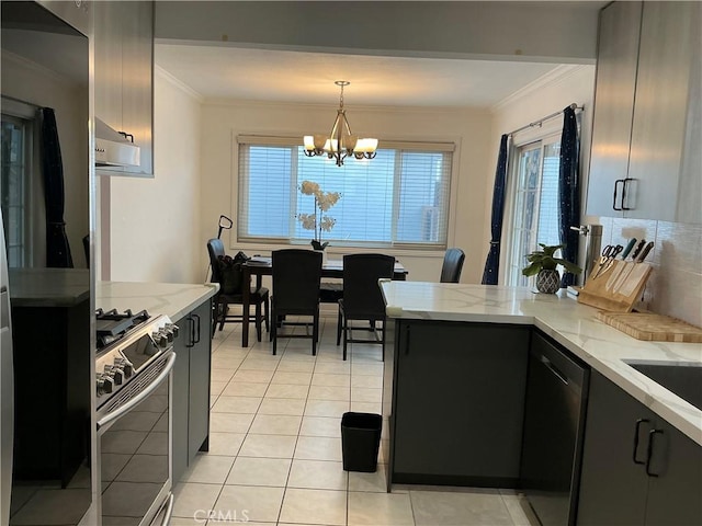 kitchen with crown molding, decorative light fixtures, light stone countertops, and stainless steel range oven