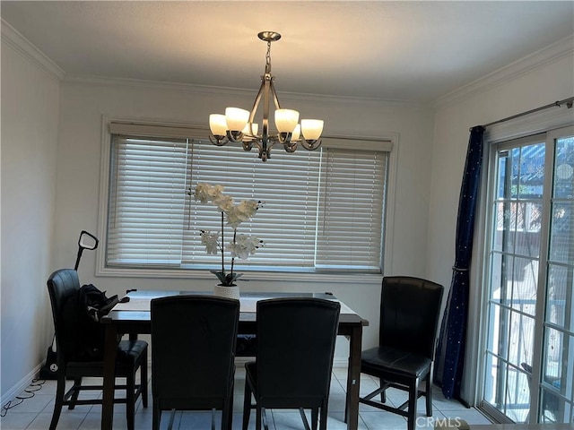 dining room featuring crown molding, light tile patterned floors, and a notable chandelier