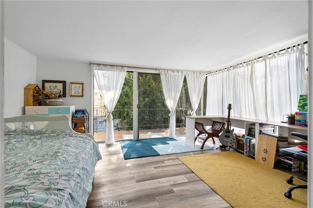 bedroom featuring light wood-type flooring and access to exterior