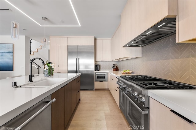 kitchen with premium range hood, premium appliances, decorative backsplash, light hardwood / wood-style flooring, and sink