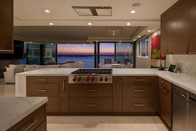 kitchen featuring a raised ceiling, kitchen peninsula, appliances with stainless steel finishes, a water view, and light stone counters