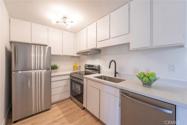 kitchen featuring light wood-type flooring, stainless steel appliances, white cabinetry, and sink